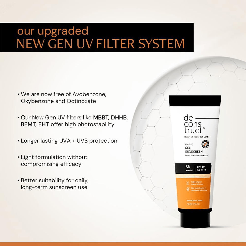 Deconstruct 5% Vitamin C Gel Sunscreen for Oily Skin SPF 50 PA++++ | Brightens Skin Tone | New Gen UV Filters | Lightweight & Non-greasy | In vivo tested | For Men & Women - 50g - Beauty Tribe