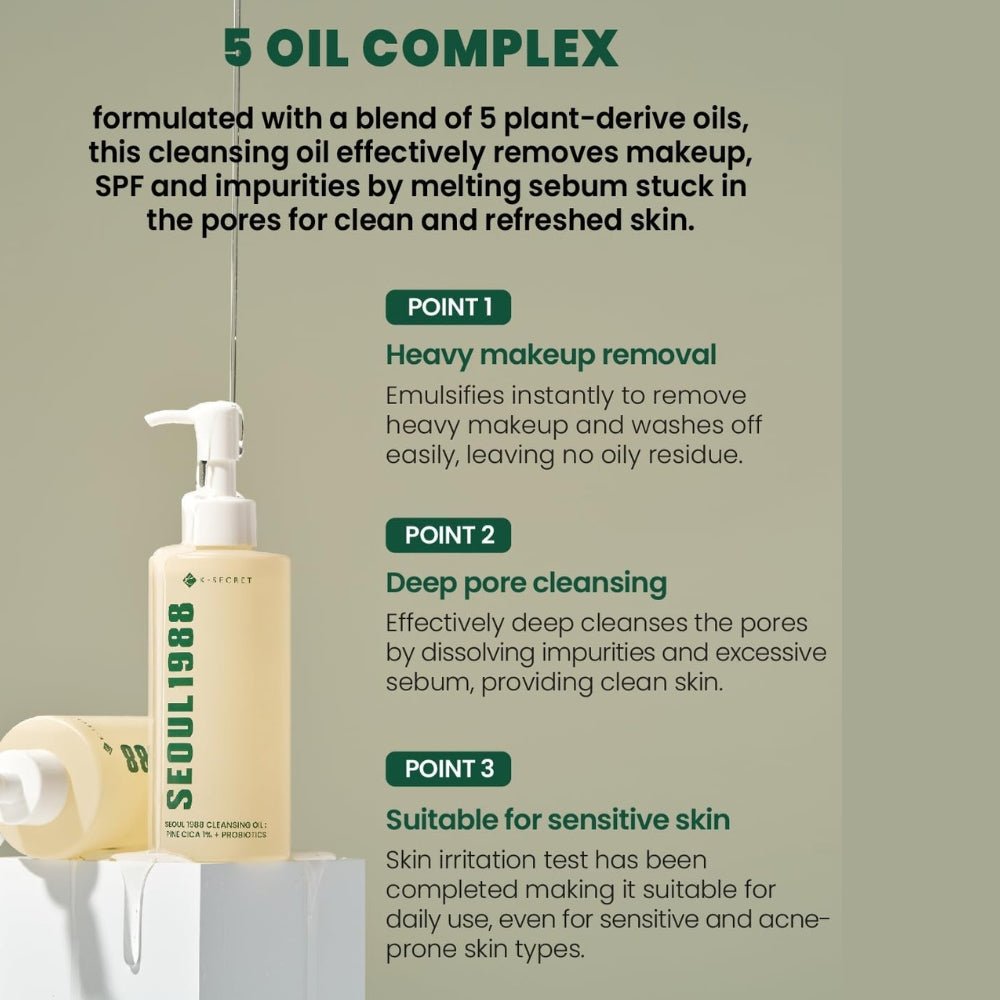 SEOUL 1988 Cleansing Oil - Pine Cica 1% + Probiotics 200ml - Beauty Tribe