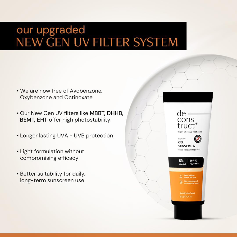 Deconstruct 5% Vitamin C Gel Sunscreen for Oily Skin SPF 50 PA++++ | Brightens Skin Tone | New Gen UV Filters | Lightweight &amp; Non-greasy | In vivo tested | For Men &amp; Women - 50g