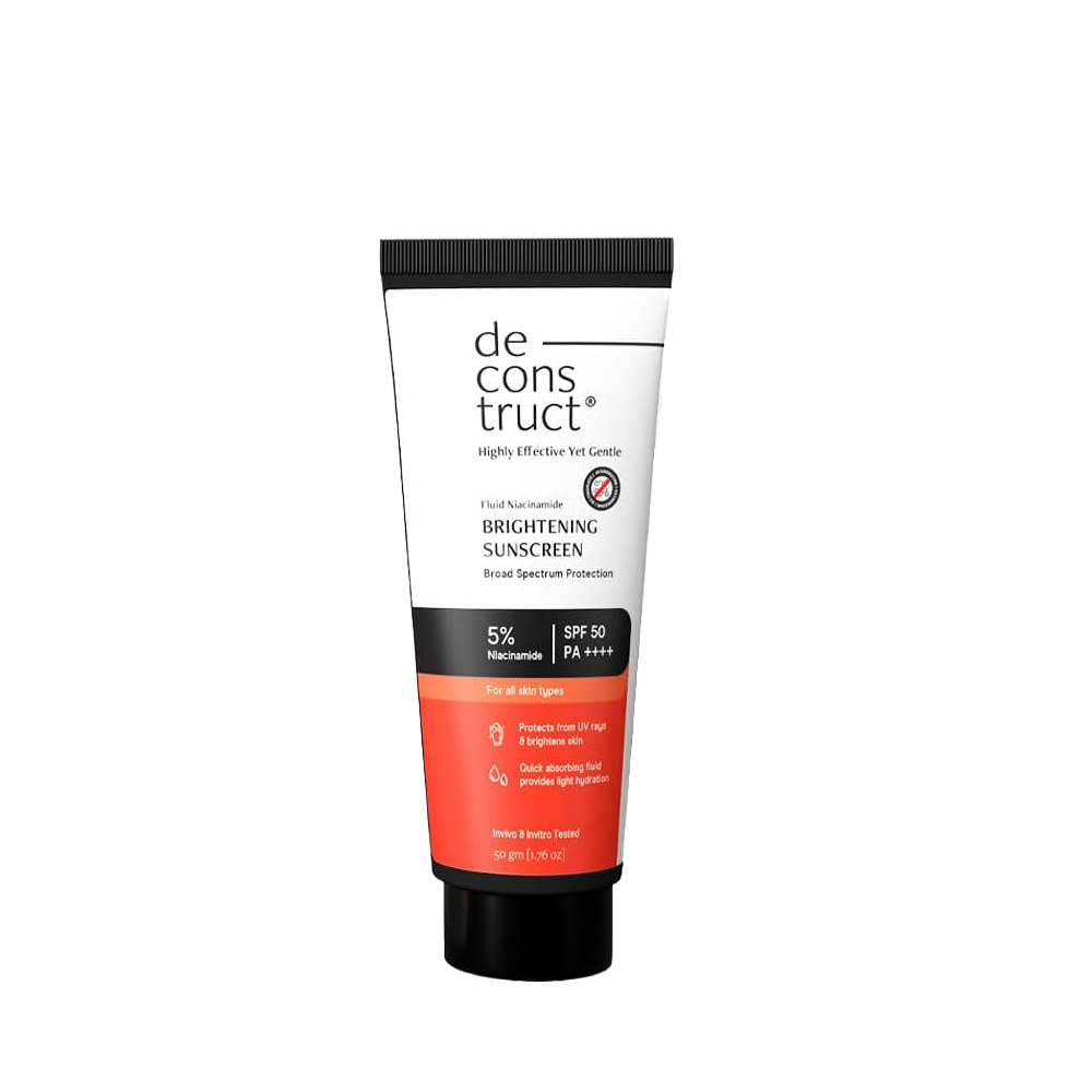 Deconstruct Brightening Fluid Sunscreen SPF 50+ with Niacinamide | Lightweight, Dewy &amp; Hydrating for Dry &amp; Normal Skin | Broad Spectrum UVA/UVB Protection | 8-Hour Long-Lasting, Water-Resistant | 50g