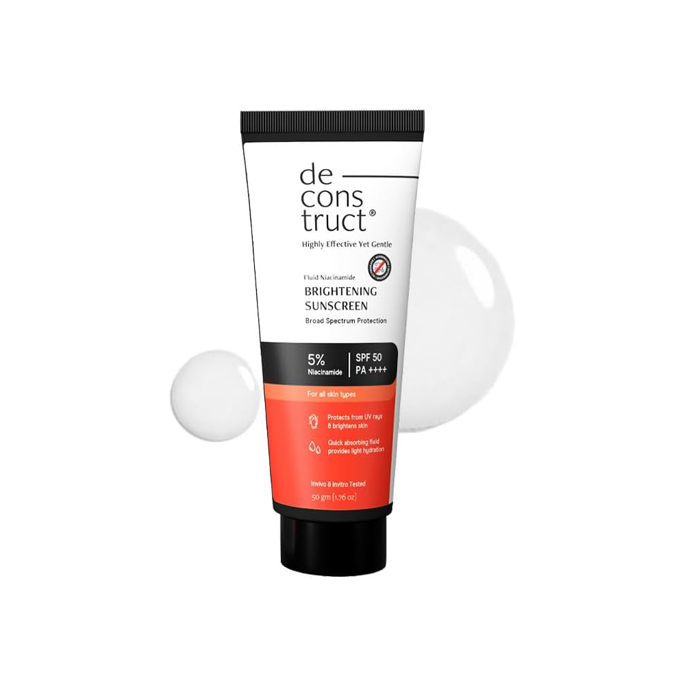 Deconstruct Brightening Fluid Sunscreen SPF 50+ with Niacinamide | Lightweight, Dewy &amp; Hydrating for Dry &amp; Normal Skin | Broad Spectrum UVA/UVB Protection | 8-Hour Long-Lasting, Water-Resistant | 50g