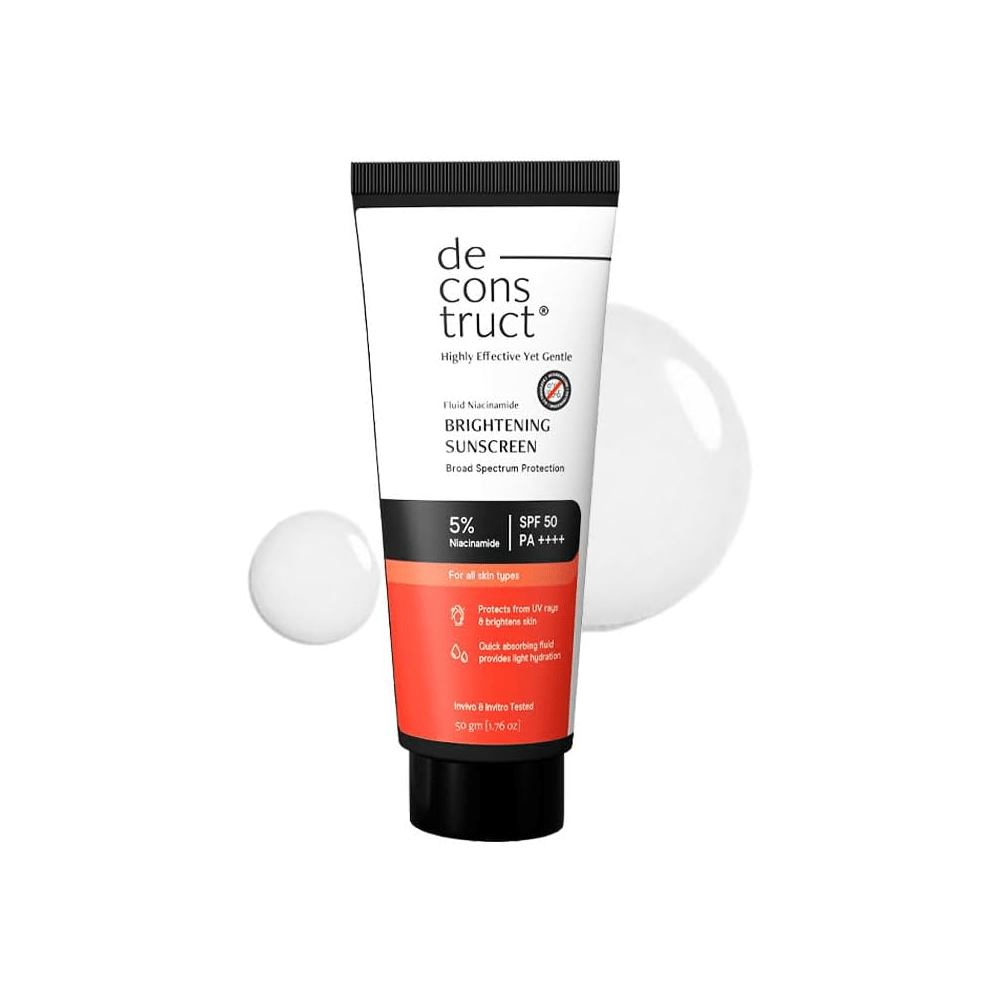 Deconstruct Brightening Fluid Sunscreen SPF 50+ with Niacinamide | Lightweight, Dewy &amp; Hydrating for Dry &amp; Normal Skin | Broad Spectrum UVA/UVB Protection | 8-Hour Long-Lasting, Water-Resistant | 50g - Beauty Tribe