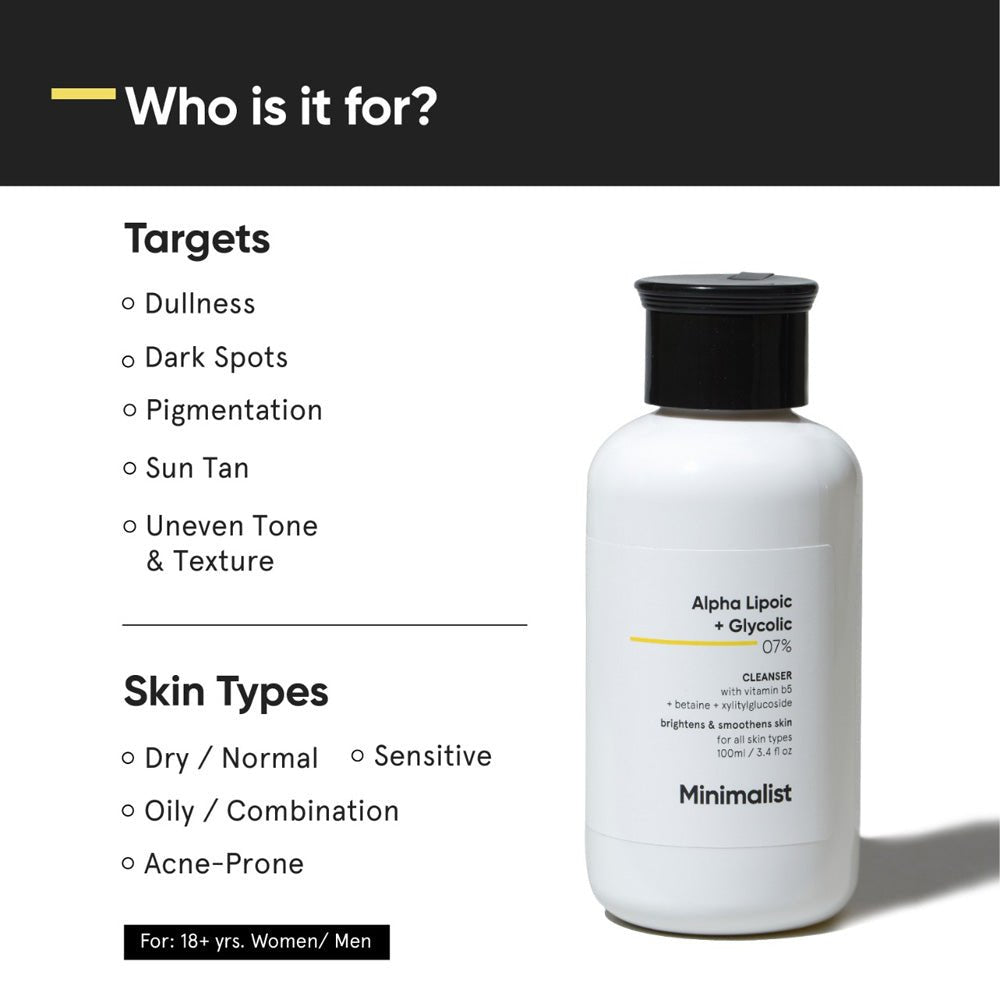 Minimalist 7% ALA &amp; AHA Brightening Face Wash with Vitamin B5, Glycolic Acid &amp; Alpha Lipoic Acid 100ml - Beauty Tribe
