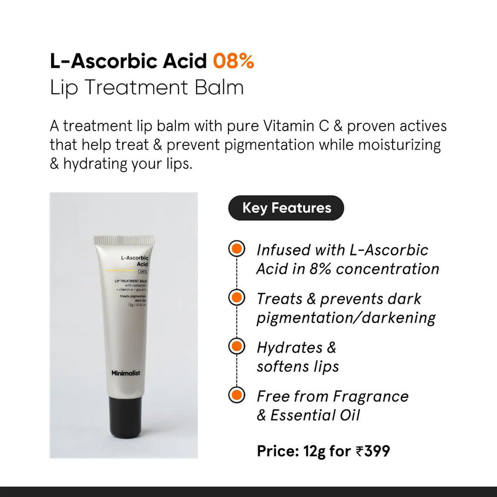 Minimalist 8% L - Ascorbic Acid with Vitamin E, Radianskin &amp; Glycerine Lip Treatment Balm 0.42 Oz / 12 gm - Beauty Tribe