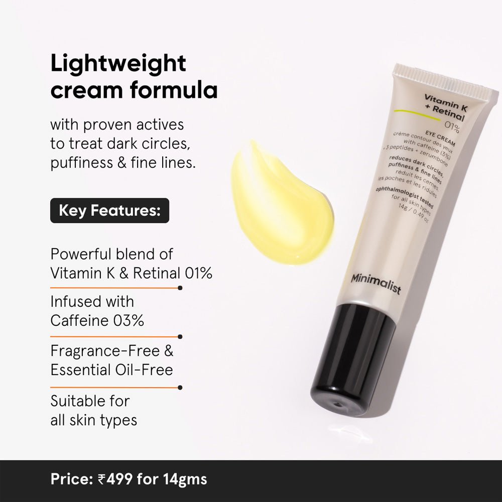 Minimalist Vitamin K + Retinal 01% Under Eye Cream 14 gm - Beauty Tribe